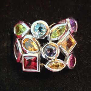 Vintage Mosaic Multi-Natural Gemstone Sterling Silver Statement Cocktail Ring